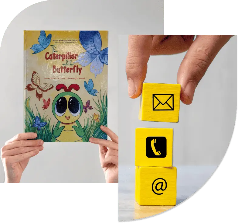 Image A shows someone holding up a yellow book with images of a caterpillar's and butterflies, titled 'Caterpillar and Butterfly'. Image B shows 2 yellow boxes stacked ontop of each other, with someone about to place the third box ontop. The first box has an @ symbol, the second box has a phone symbol and the last box has a letter symbol.