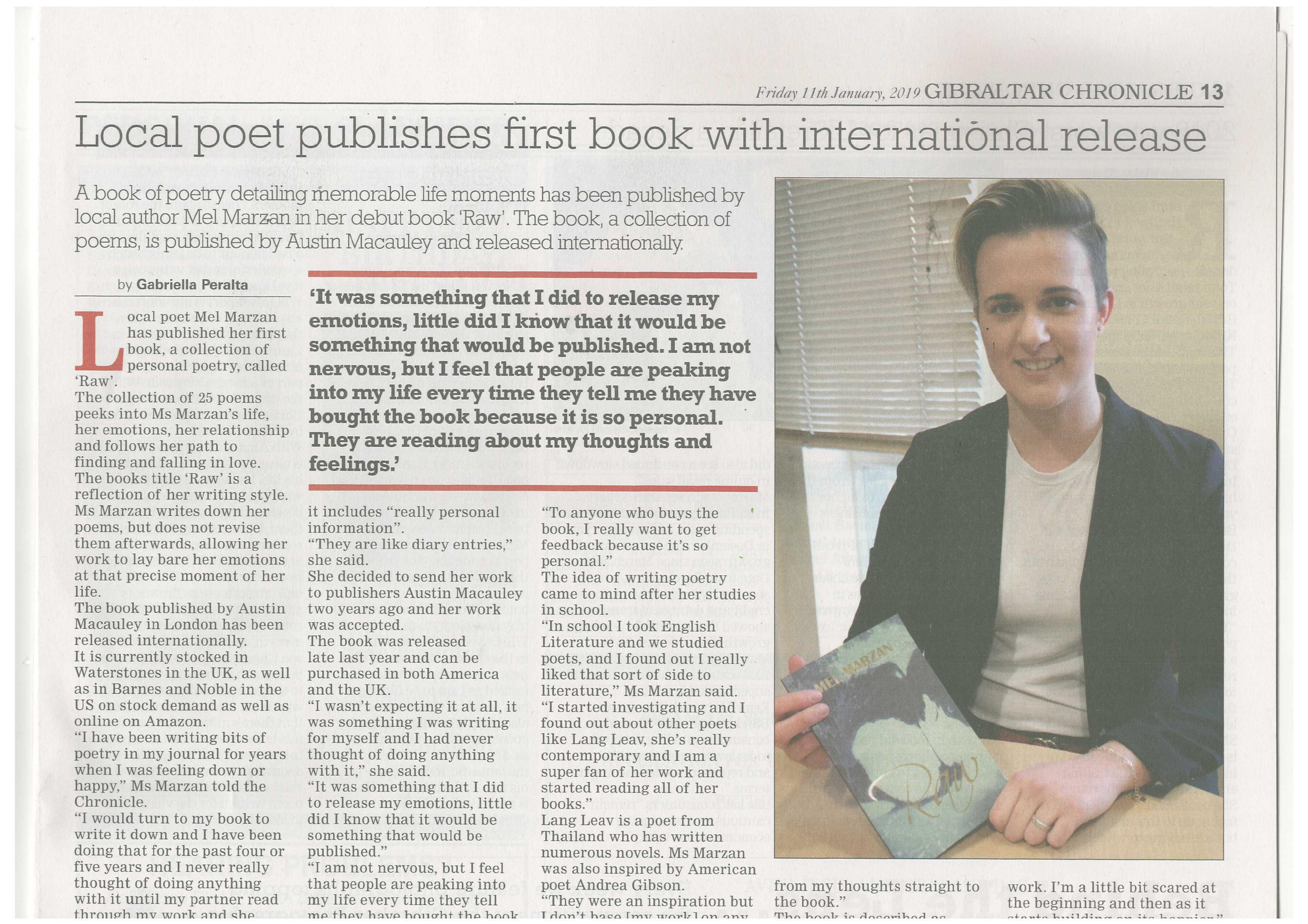 Mel Marzan, the Author of ‘Raw’ Featured in the Gibraltar Chronicle Newspaper